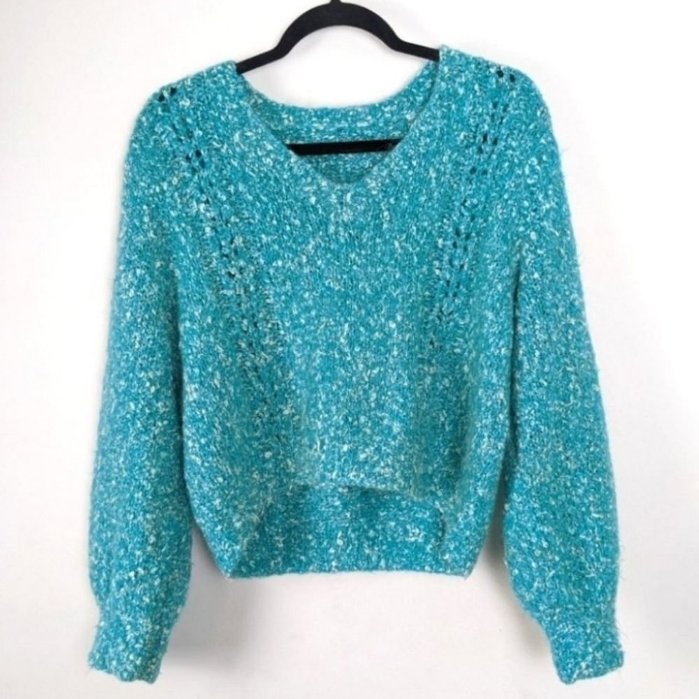 Teal & White Soft Knit Crop Bubble Sleeve V-Neck Chunky Sweater  sz Large